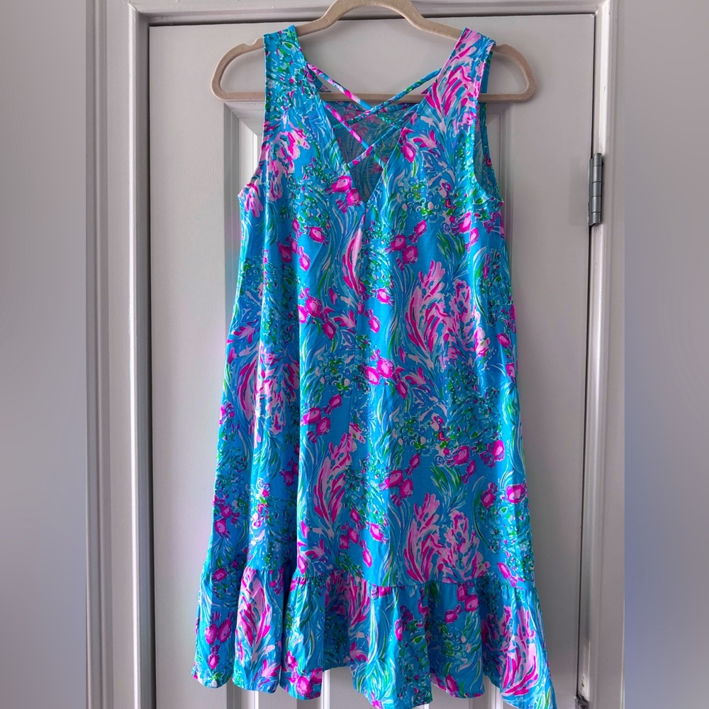Lilly Pulitzer Kristen Flounce Swing Dress SZ S Amalfi Blue Best Fishes - Picture 8 of 15